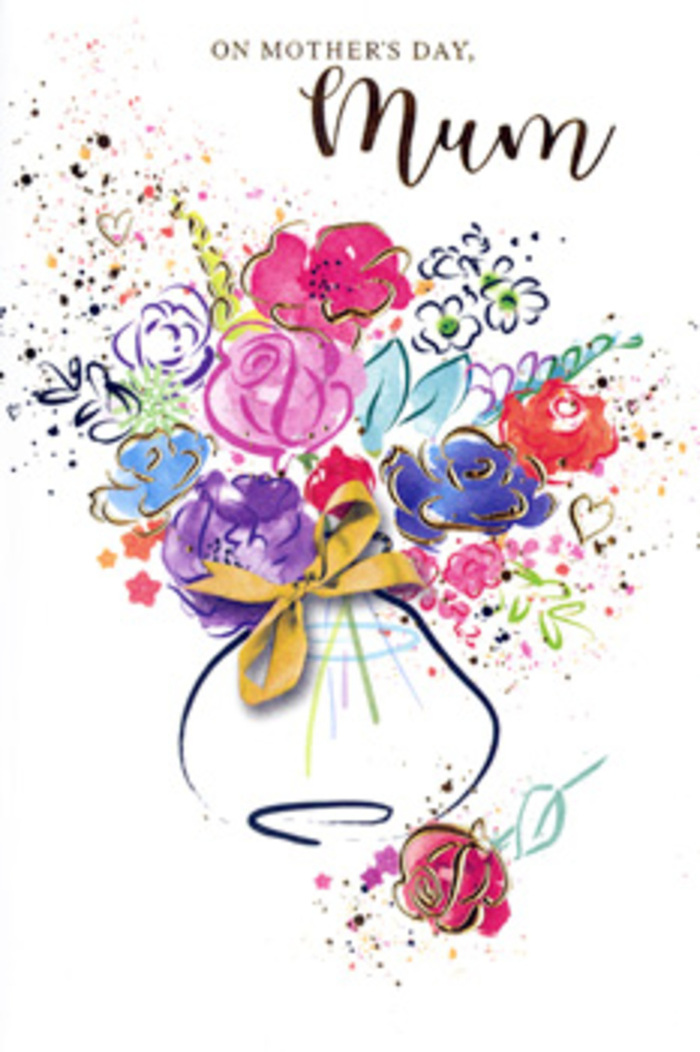 This expressive Mother's Day card portrays a full, watercolour bouquet suspended in white space, its colours and lines coming together like a memory of flowers bought along Chiswick High Road and carried carefully home. At the heart of the design are generous, rose-like blooms in layered shades of hot pink, cerise, and soft raspberry, painted with fluid, overlapping strokes that give them a sense of depth and softness. Dark indigo outlines swirl around the petals and hint at stems beneath, creating structure while still allowing the blossoms to feel light and free, as though they are gently moving in a breeze. Intertwined with these bold pinks are smaller, more delicate blossoms washed in cool blue and muted lavender, adding a soothing calm that balances the bouquet much like shaded corners of nearby parkland balance busy local streets. Subtle touches of spring green indicate leaves and soft foliage, helping to anchor the composition so it resembles a relaxed, hand-tied arrangement rather than a stiff, formal design. Across the petals and leaves, whispers of gold ink create graceful highlights, catching certain edges and curves with a soft shimmer, echoing the refined finishing touches Chiswick florists are known for. The bouquet is gathered into a simple, stylised vase at the bottom of the card, its rounded shape and gentle lines lightly defined with colour and accented by a neat golden bow that suggests thoughtful presentation. Around the arrangement, tiny hearts and scattered splashes of paint in coordinating tones float against the white background, like joyful confetti or petals tossed in celebration. The overall feeling is one of warmth, tenderness, and gratitude-a visual expression of love between mother and child, shaped by the quiet elegance and village-like charm that characterise Chiswick.